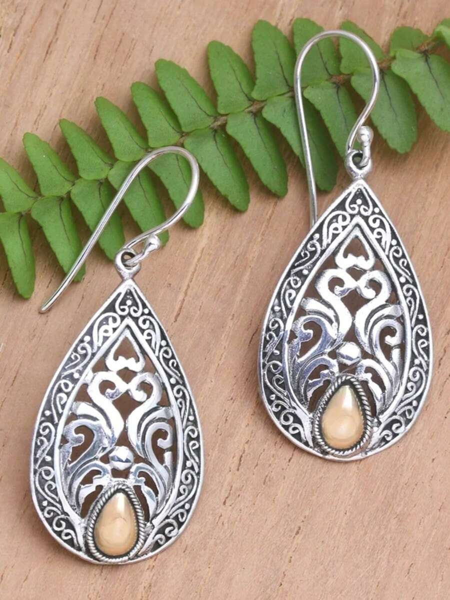 Gmzalx Vintage Dual-Tone Water Drop Hollow Earrings With Curly Grass Engraved Texture, Suitable For Daily Commute, Casual Travel, Party Multi-Function Accessory - Two-color - View 1
