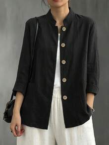 New Women's Chinese Style Small Stand Collar Long Sleeve Slouchy Breathable Daily Vacation Versatile Jacket - Black - View 1