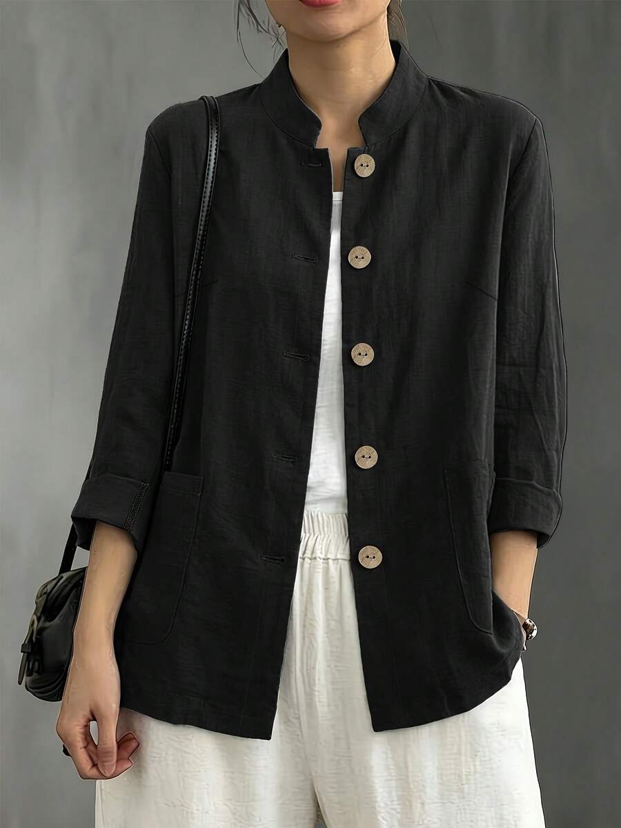 New Women's Chinese Style Small Stand Collar Long Sleeve Slouchy Breathable Daily Vacation Versatile Jacket - Black - View 1