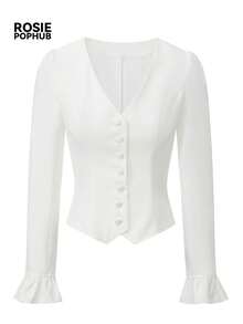 ROSIE POPHUB Women White V Neck Flare Long Sleeve Shirt Button Front Slim Fit Corset Blouse Elegant Commute Party Christmas Top For Fall Winter - White - View 8