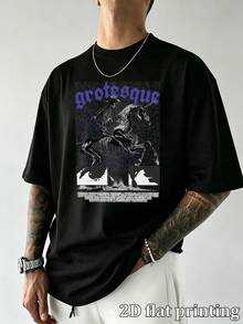 Camiseta de manga corta holgada para hombre con estampado gráfico de caballo esqueleto grotesco de estética oscura vintage, camiseta casual suelta de cuello redondo cómoda, streetwear - Negro - Ver 2