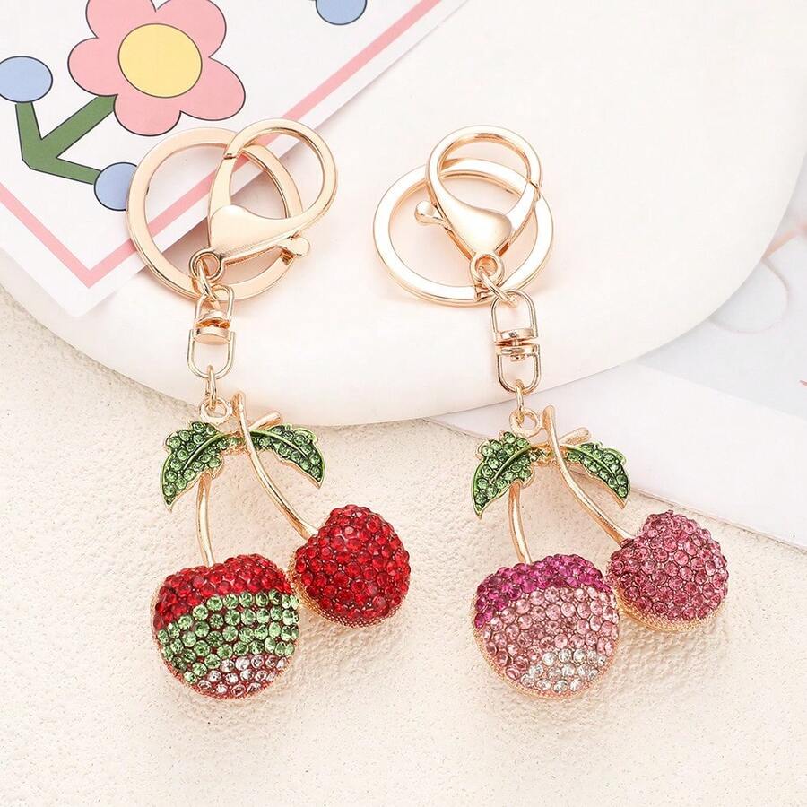 1pc Y2K Sparkly Rhinestone Cherry Keychain, Red/Pink/Gold Fruit Charm For Backpack & Keys, Sweet BFF Gift - Multicolor - View 1