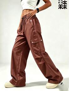 mulinsen Women's Elastic Waist Multi-Pocket Cargo Pants, Loose Wide Leg Drawstring Hem Casual Streetwear Long Pants - Rust Brown - View 5