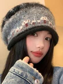 1PC Women's Fair Isle Cuffed Slouchy Beanie, Vintage Face-Slimming Cold Hat, Lazy Style Warm Head Wrap Knit Hat For Autumn & Winter - Multicolor - View 2