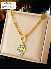RAYQUEEN 1pc New Fashion Personalized Colorful Eye & Palm Pendant Bohemian Stainless Steel Necklace For Women - Gold - View 1
