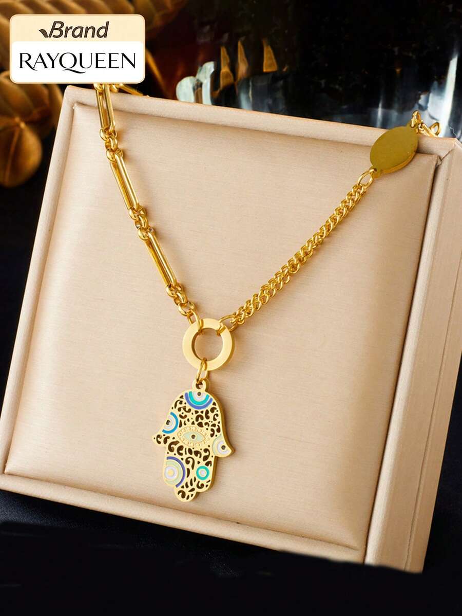 RAYQUEEN 1pc New Fashion Personalized Colorful Eye & Palm Pendant Bohemian Stainless Steel Necklace For Women - Gold - View 1
