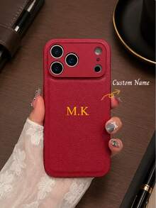 1pc Personalized Luxury Lychee Texture Faux Leather Phone Case, Letter Name Customization, Suitable For Apple 17 16 15 14 13 12 11 Pro Max 16 Plus 17 Air - Burgundy - View 2