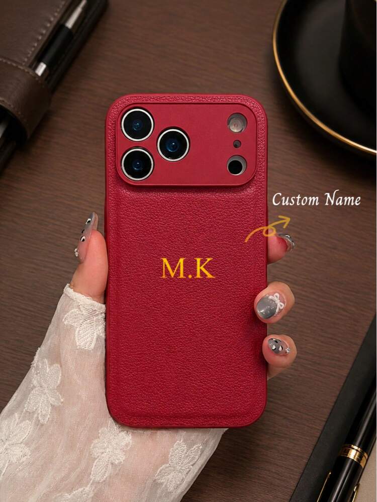 1pc Personalized Luxury Lychee Texture Faux Leather Phone Case, Letter Name Customization, Suitable For Apple 17 16 15 14 13 12 11 Pro Max 16 Plus 17 Air - Burgundy - View 1
