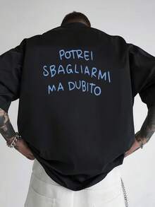 Christmas 1pc Men's Shirt With Italian Cursive Script - Double-Sided Front And Back Panel With Italian Phrase, Loose Fit, Popular Item - 黑色 - 查看 3