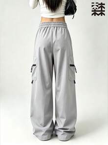 mulinsen Women's Drawstring Waist Cargo Pants, Casual Loose Streetwear Techwear Style Long Pants - Light Grey - View 5