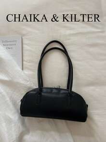 CHAIKA & KILTER 1件裝純色PU布料女款時尚波士頓保齡球肩背包，金屬孔眼裝飾，雙手柄設計，拉鍊開合，適合日常與街頭使用 - 黑色 - 查看 11