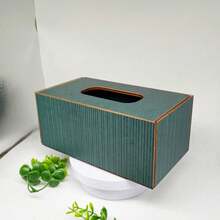 Deep Green Striped Wooden Tissue Box, Rectangular Style, Suitable For Car, Living Room, Bedroom And Bathroom. - Multicolor - View 2