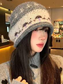 1PC Women's Fair Isle Cuffed Slouchy Beanie, Vintage Face-Slimming Cold Hat, Lazy Style Warm Head Wrap Knit Hat For Autumn & Winter - Multicolor - View 10