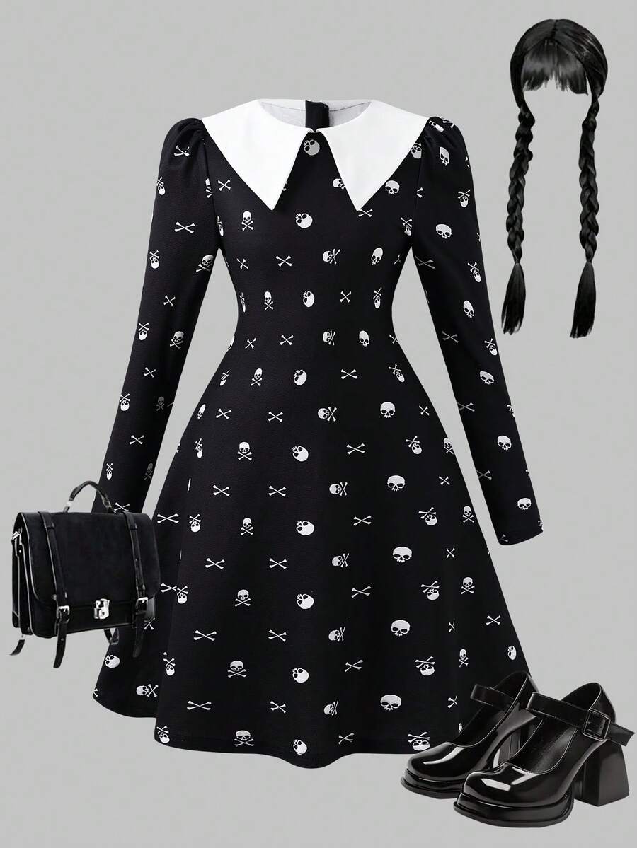 Halloween Tween Girls Funny Skull Long Sleeve Dress - Black - View 1