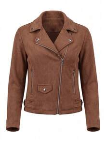 SS-Sunrise Fashion Fashionable Women's Motorcycle Jacket, Brown Suede Material, Zipper Front, Long Sleeve Design, Perfect Choice For Autumn/Winter Outfits. Fall - Brown - View 6