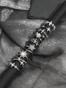 9pcs Silver Rhinestone Star Open Lava Metal Texture Easy To Match Sweet Cool Hot Girl Ring Set - Silver - View 2