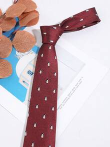 1PC Fashion Casual Men's Exquisite Penguin Pattern Tie, Comfortable Versatile Suitable For Daily Wear, Shopping, Party, Date - Red - View 1