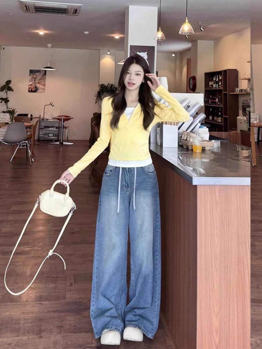 Women's Autumn/Winter Contrast Color 2 In 1 Long Sleeve T-Shirt, Short Cropped Base Layer Top - Yellow - View 1