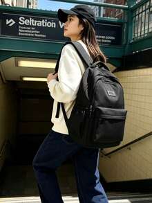 Solid Color Corduroy Fabric Fashion Versatile Minimalist Women's Backpack - Black - View 6