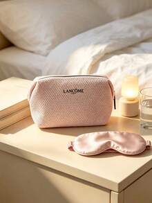 Lancôme LANCOME-GIFT-13 Bolsa de maquillaje con estampado de logotipo en tela de punto gofrado rosa pálido, bolsa de almacenamiento de cosméticos con cremallera completa en forma de almohada de gran capacidad, regalo de belleza de lujo para viajes para mujeres - Blanco - Ver 3