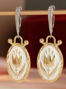 Gmzalx Elegant Dual-Tone Hand-Carved Tulip White Enamel Pendant Earrings, Suitable For Women's Commute, Date And Daily Wear - Two-color - View 9