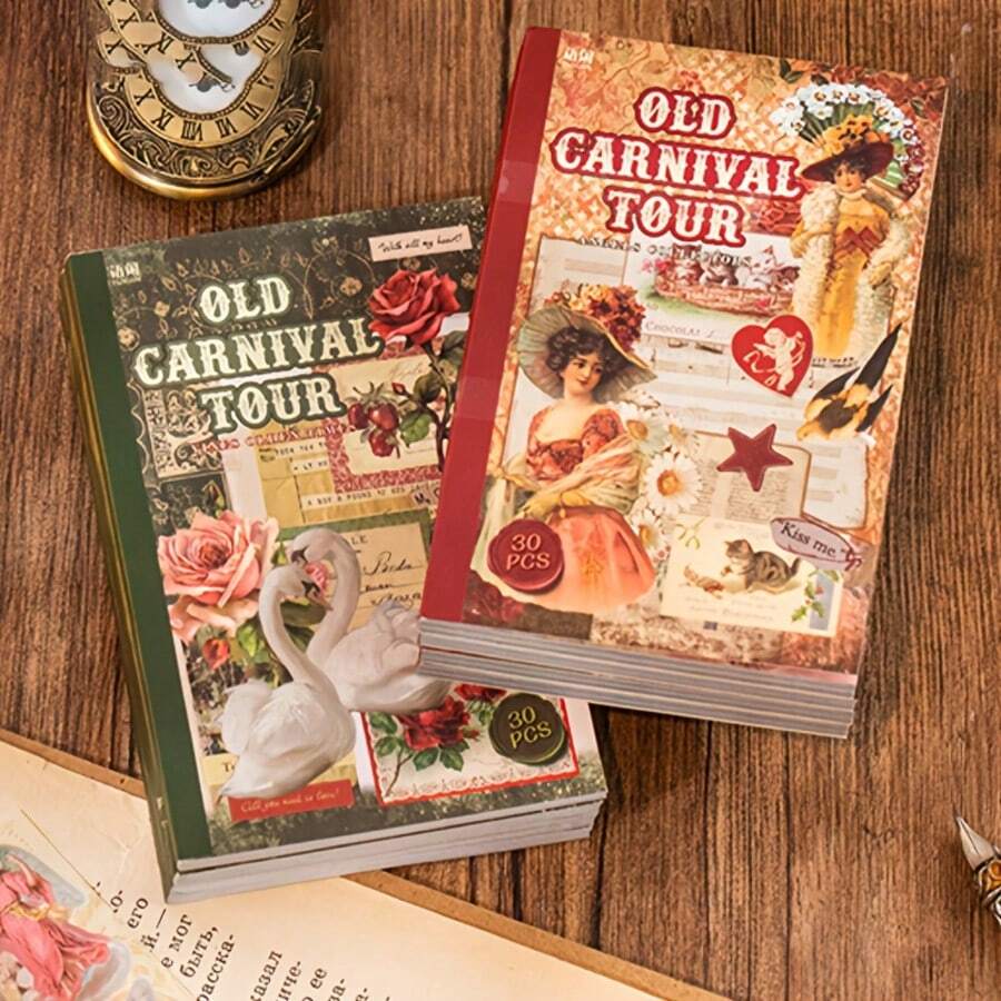 1 Paquete de 30 piezas de material de pegatinas, incluye álbum de pegatinas vintage de parque de atracciones y crucero, patrones vintage, pegatinas básicas de collage para diario hecho a mano, etiquetas para envolver regalos, pegatinas para cuadernos, adecuadas para múltiples escenas: pegatinas para fundas de teléfono, pegatinas para tazas, etc.