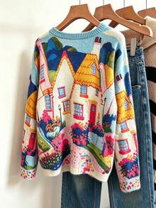 Women's Fairy Tale Country Style Printed Sweater, Soft And Lightweight, Layerable Design, Winter Style, Suitable For Daily Outings - Blue - View 6