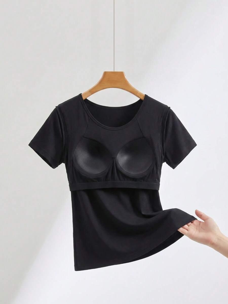 Plus Curve Built-In Shelf Bra Shirt Short Sleeve Athletic Top Solid Gym Fitness Tee Everyday Lounge Wear - Black - View 1