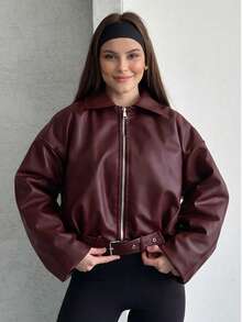 Women's Oversized Faux Leather Zip-Up Jacket Drop Shoulder Belted Bomber Coat Black - Burgundy - View 3