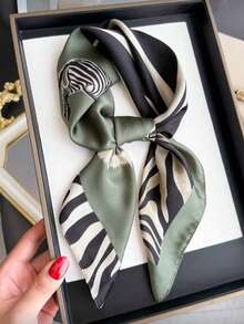 1pc Vintage Fashion Zebra Print Animal Satin Square Scarf, Women's Shawl, Suitable For Travel, Vacation, Casual, Daily Commute, Handbag Decoration - Green - View 6