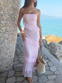 Elegant Women's Pink Strapless Lace Long Dress, Sleeveless Bodycon Silhouette With Tiered Ruffle Details, Perfect For Formal Events Or Gowns. - Pink - View 8