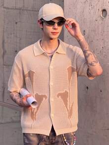 BLACKTOEXIT Men's Knitted Cardigan Polo Collar Short Sleeve Loose Fit American Vintage Style Knit Top Spring Summer Outerwear Sweater - Apricot - View 4