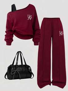 Youth Girl Letter Print Round Neck Asymmetric Shoulder Long Sleeve Top And Pants - Burgundy - View 1