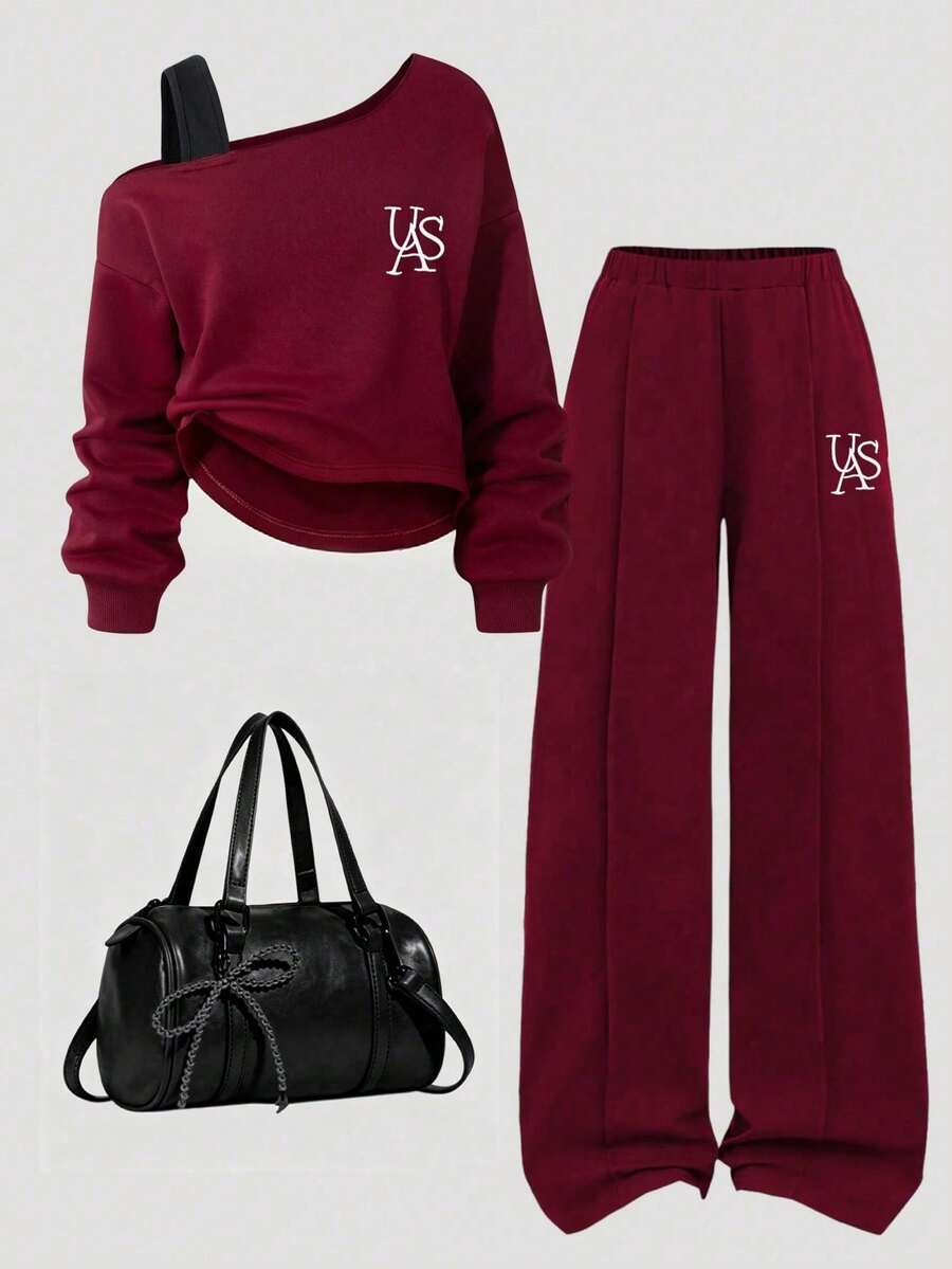 Youth Girl Letter Print Round Neck Asymmetric Shoulder Long Sleeve Top And Pants - Burgundy - View 1