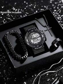 Men's Outdoor Sports Watch Set, Gradient Color, Necklace, Bracelet, Ring. Large Dial Digital Display, Stopwatch, Date. Student, Teacher, Christmas Gift. - one-size - View 15