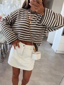 Top de punto de manga larga con cuello redondo y rayas de color contrastante para mujer, versátil para uso diario y casual en otoño - Blanco y marrón - Ver 8