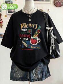 Teacher's Day Pattern Digital Print Fashion Simple Women's Plus Size Long Round Neck Drop Shoulder T-Shirt Friend's Gift Casual Summer Black - Black - View 7