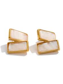 1pc Multi Color Stainless Steel Acrylic Resin Rectangle Stud Earrings Tarnish Resistant Daily Fashion Jewelry - Gold - View 4