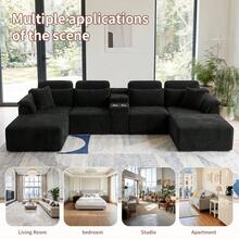 Sofá modular de lujo con forma de U, de 147 pulgadas, convertible en cama, con tapizado de pana, para sala de estar, cine en casa, villa, apartamento y estudio. No requiere montaje. - Blanco - Ver 6