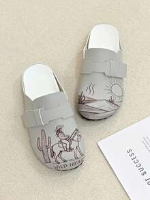 Women's Retro Cowgirl Print Buckled Clog Slippers, Comfortable Non-Slip Closed Toe Flat Mules For Daily Wear - Light Gray - View 1