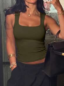 Women Square Neck Wide Strap Stretchy Slim Fit Crop Tank Top Basic Casual Camisole For Vacation Beach Street Daily Outdoor Wear - 軍綠色 - 查看 7