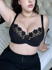 1pc Plus Size Women's Wireless Lace Bra, Breathable Anti-Slip, High Support, Adjustable Straps, Seamless Design, Suitable For Daily Wear - Black - View 5