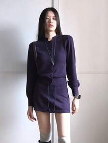 [Y6Y]Autumn Casual Knit Top & Skirt 2 Pieces Set, Button Knit Sweatshirt + A-Line Knit Skirt - Purple - View 6