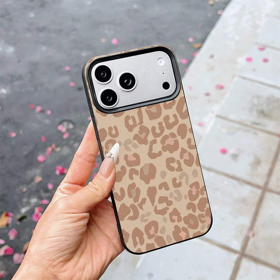 1件皮革紋理極簡個性化線條棕色豹紋手機殼，適用於 iPhone 16 Pro Max/15/14 Plus/13/12/11 保護殼 - 彩色 - 查看 1