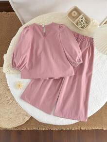 bearleader Girls Cute Bow Long Sleeve O-Neck Top + Pink Pants 2pcs Set, Suitable For Spring & Autumn, 3-7 Years Old - Pink - View 2