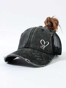 1pc Classic Heart Graphic Ponytail Baseball Cap, Vintage Distressed Mesh Trucker Hat, Breathable Adjustable Women's Dad Hat - Multicolor - View 17