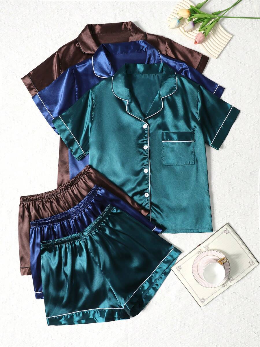 情人節多件式純色緞面女款睡衣套裝,柔軟緞面居家休閒服 - 彩色 - 查看 1