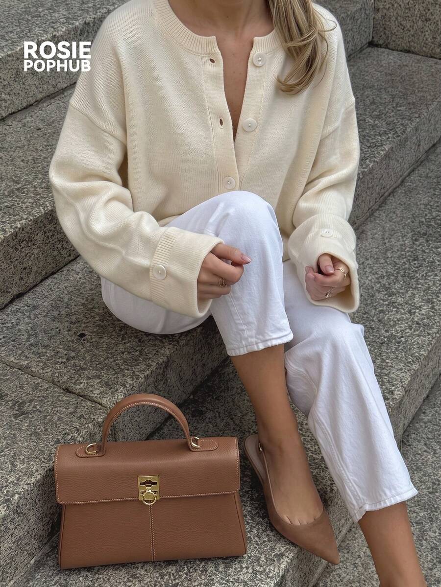 ROSIE POPHUB Women's White Crew Neck Drop‑Shoulder Cropped Knit Cardigan, Elegant Daily Casual Loose Button Sweater For Autumn Winter - White - View 1