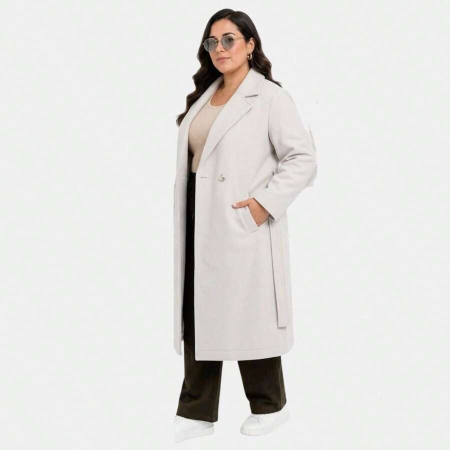 Plus Size Long Wool Coat With Belt Sbtpl-009 - 淺灰色 - 查看 1