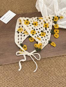 1pc Cute Country Style Women's Square Scarf, Beige Knitted Floral Hollow Lace-Up Triangle Headscarf, Hair Accessory Headband, Warm Headscarf, Suitable For Summer Outfit, Vacation Party Holiday Headscarf - Multicolor - View 9